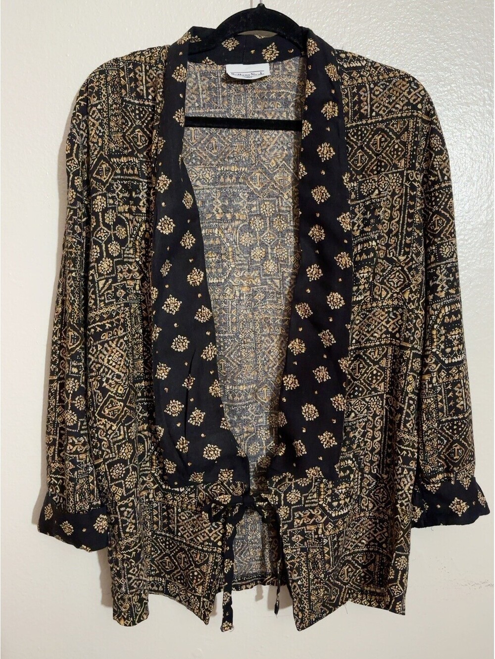 Vintage Brittany Nicole Black Gold Print Tie Front Jacket